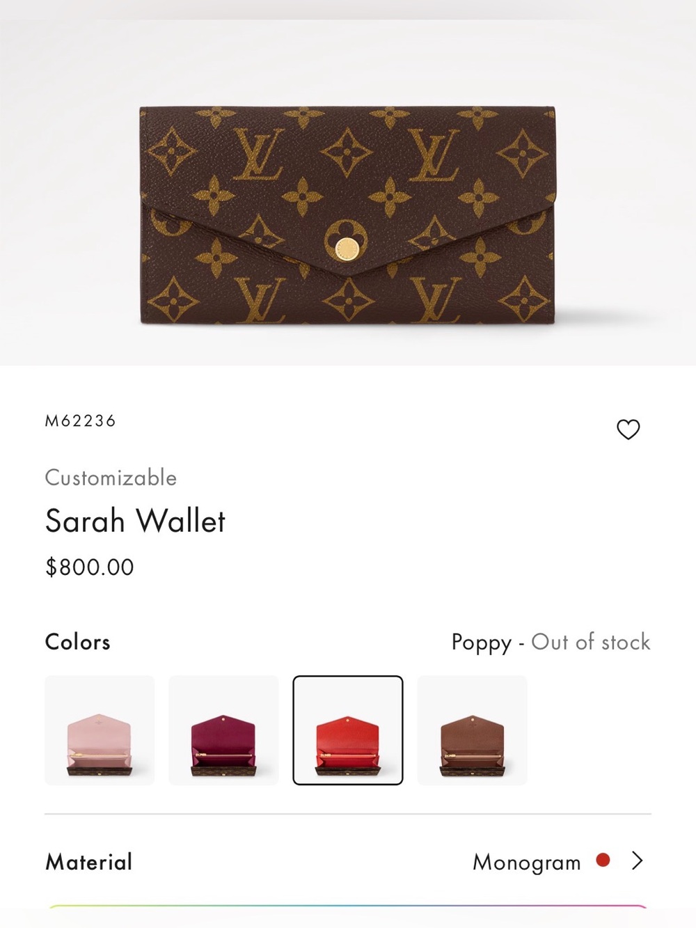 Louis Vuitton Sarah Monogram Wallet with Coquelicot Red interior - Picture 10 of 16